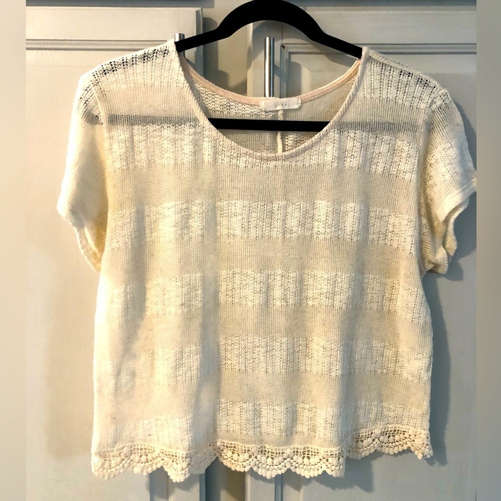 Lush Womens beige Striped Top Round-Neck Short Sleeves Lace Hem sz S